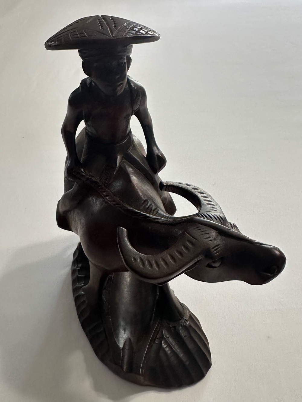 Hand-Carved Dark Brown Buffalo Rider Sculpture - Home Art